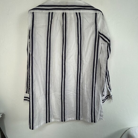 Faconnable Womens White & Navy Striped Long Sleeve Button-Up Tunic Shirt Medium - Picture 2 of 9